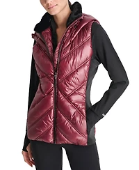 Dkny Women's Hooded Puffer Vest with Contrast Scuba and Teddy Faux Fur Collar