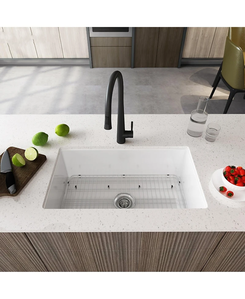 Mondawe Undermount 32 in. Single Bowl Fireclay Kitchen Sink Comes With Stainless Steel Bottom Grid and Strainer