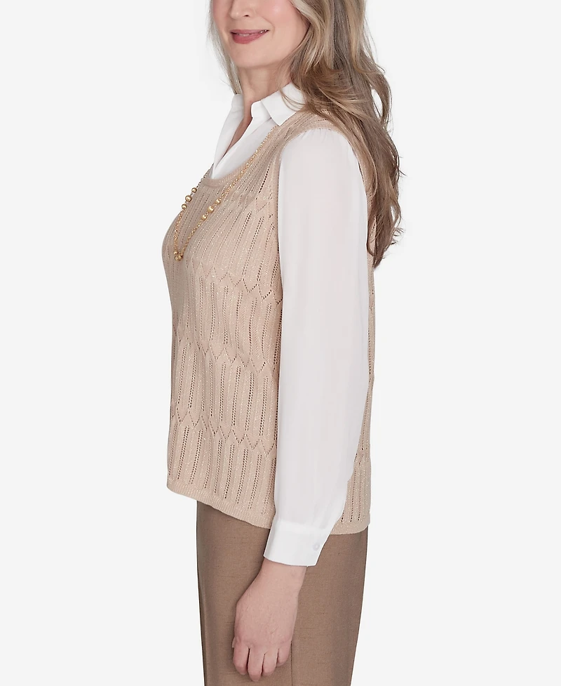Alfred Dunner Women's Emerald Isle Two in One Textured Vest Top with a Detachable Necklace