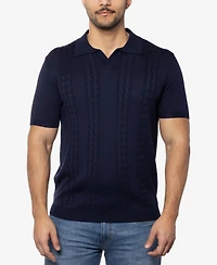 Spring + Mercer Men's Cable Knit Johnny Collar Short Sleeve Sweater Polo