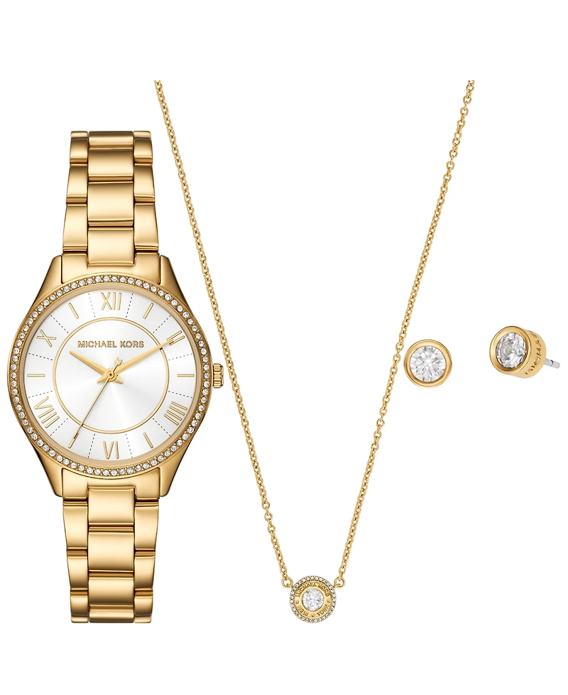 Michael Kors Women's Lauryn Three-Hand Gold-Tone Stainless Steel Watch, Earrings and Necklace Gift Set 33mm