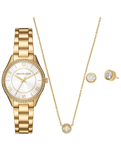 Michael Kors Women's Lauryn Three-Hand Gold-Tone Stainless Steel Watch, Earrings and Necklace Gift Set 33mm