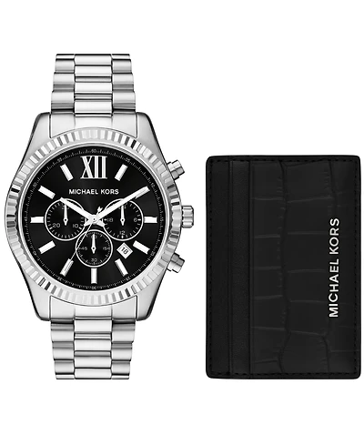 Michael Kors Men's Lexington Chronograph Stainless Steel Watch and Card Case Gift Set 44mm