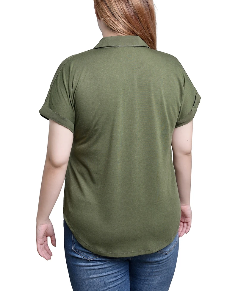 Ny Collection Short Sleeve Woven Front-Jersey Back Top