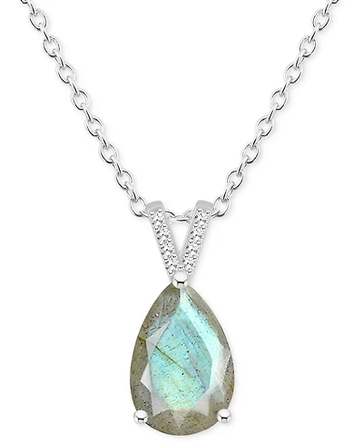 Labradorite & Diamond Accent Pear 18" Pendant Necklace Sterling Silver (Also Onyx)