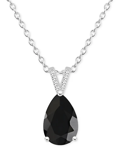 Labradorite & Diamond Accent Pear 18" Pendant Necklace in Sterling Silver (Also in Onyx)