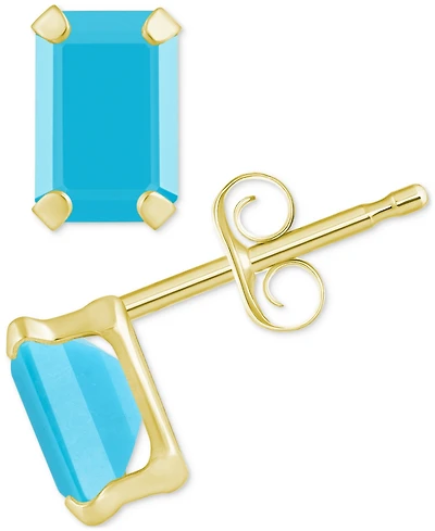 Turquoise Emerald-Cut Solitaire Four Prong Stud Earrings 14k Gold