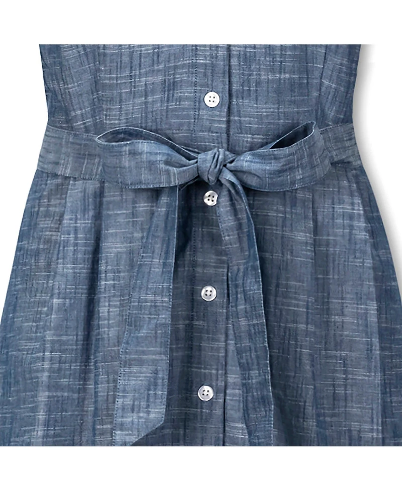 Hope & Henry Women's Short Sleeve Button Front Chambray Dress with Waist Sash