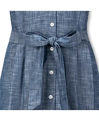 Hope & Henry Women's Short Sleeve Button Front Chambray Dress with Waist Sash