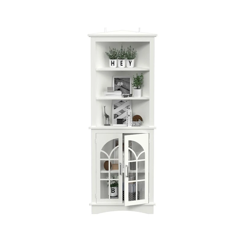 Mondawe 63.3inch White Corner Storage Cabinet Tall Freestanding Bookcase with Doors&Adjustable Shelves