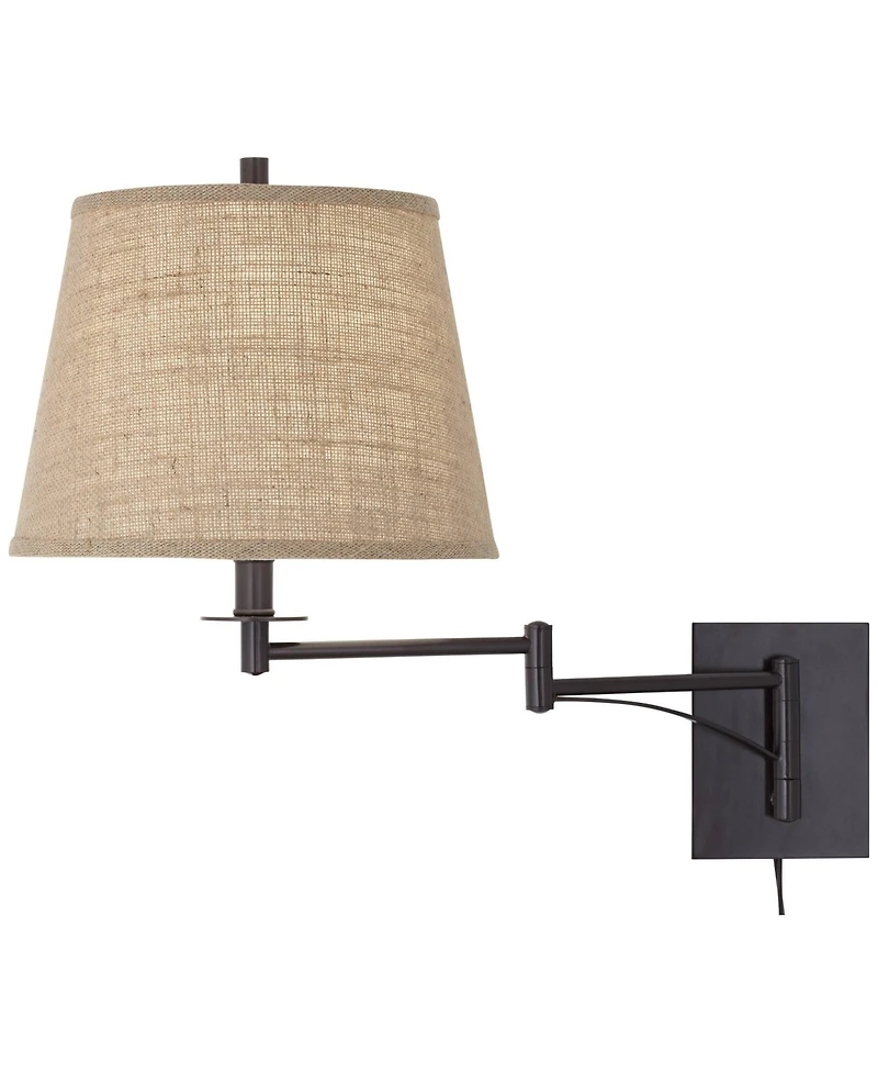 Franklin Iron Works Brinly Farmhouse Rustic Swing Arm Wall Lamp Matte Brown Metal Plug-in Light Fixture Burlap Shade for Bedroom Bedside Living Room