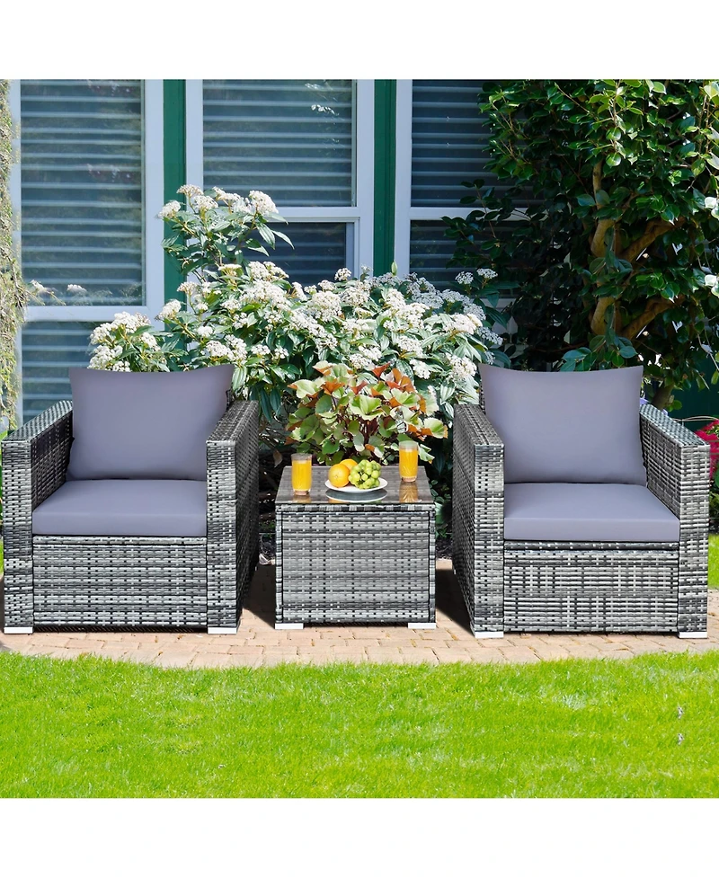 Gymax 3PCS Rattan Patio Conversation Set Outdoor Furniture Set w/ Table Cushion
