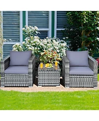 Gymax 3PCS Rattan Patio Conversation Set Outdoor Furniture Set w/ Table Cushion