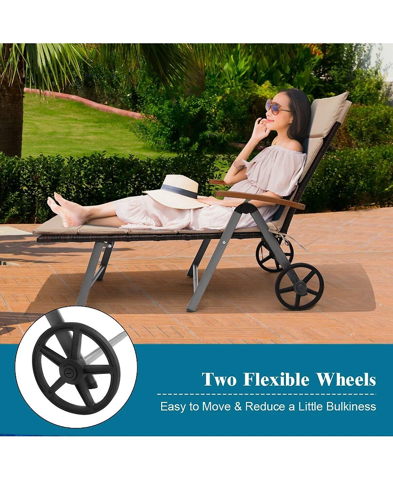Gymax Folding Patio Rattan Lounge Chair Chaise Cushioned Aluminum Adjust Wheel