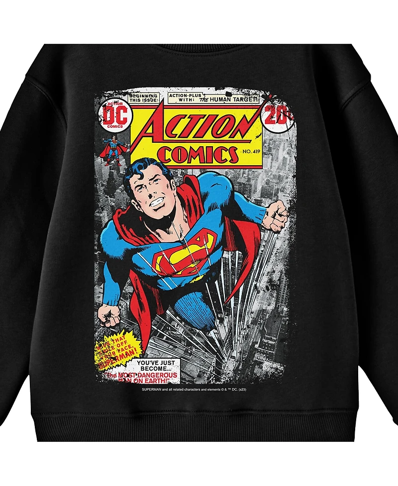 Superman Boys Distressed Action Comics Cover No. 419 Crew Neck Long Sleeve Black Youth Tee
