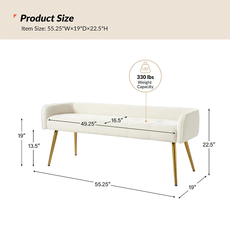 Hulala Home Modern Luis 55.25" Wide Bench with Sturdy Golden Metal Tapered Leg