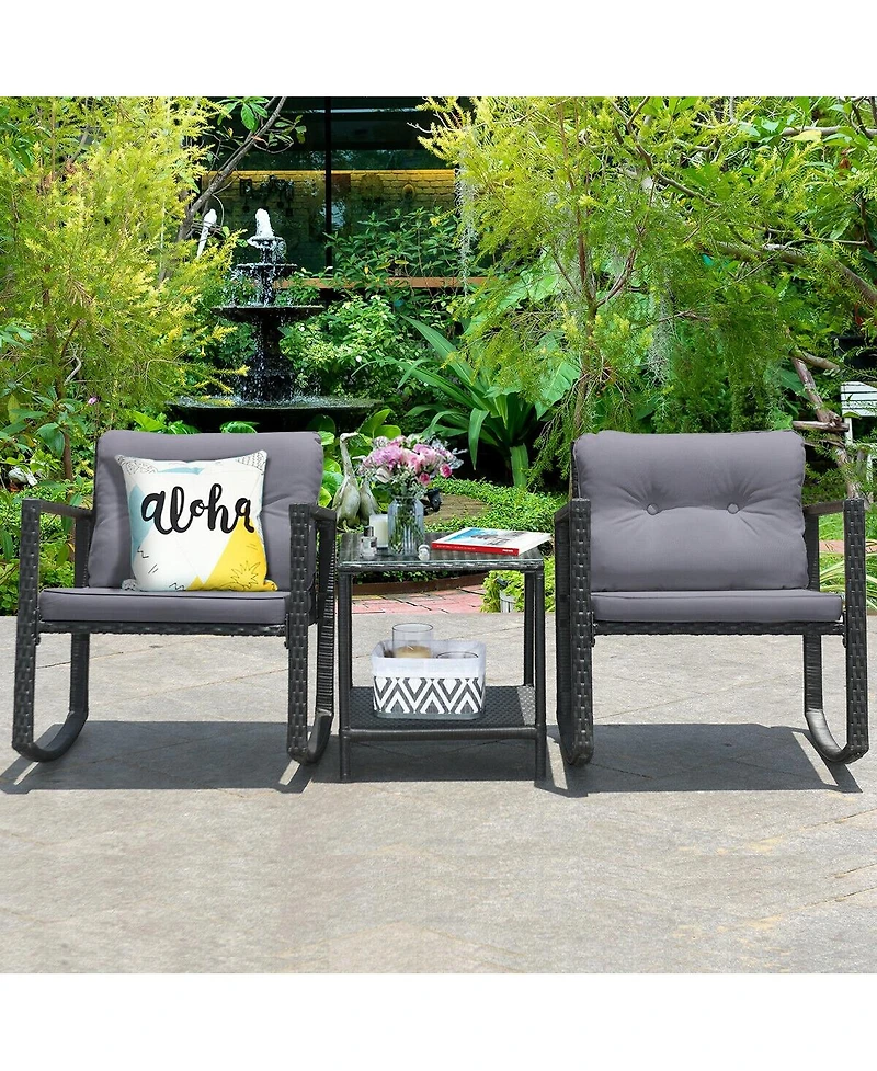 Sugift 3 Pieces Cushioned Patio Rattan Set with Rocking Chair and Table