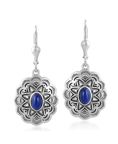 American West Jewelry Sterling Silver and Lapis Lazuli Gemstone Concha Lever Back Earrings