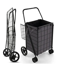 Slickblue Folding Rolling Shopping Cart with Waterproof Liner and Basket-Black