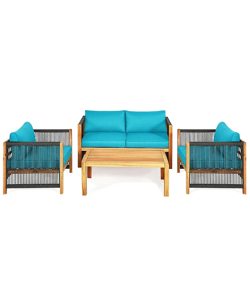 Sugift 4 Pieces Acacia Wood Sofa Set with Cushions for Outdoor Patio-Blue