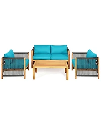 Sugift 4 Pieces Acacia Wood Sofa Set with Cushions for Outdoor Patio-Blue