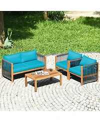 Sugift 4 Pieces Acacia Wood Sofa Set with Cushions for Outdoor Patio-Blue