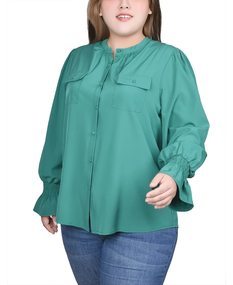 Ny Collection Plus Long Sleeve Mandarin Collar Blouse