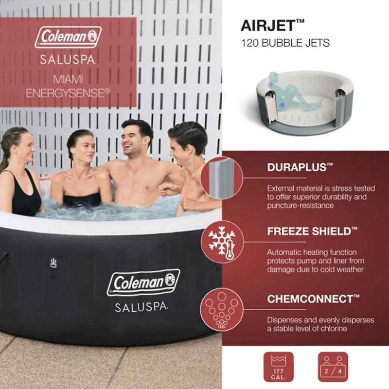 Bestway Coleman Miami AirJet Inflatable Hot Tub with EnergySense Cover, Black