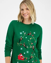 Holiday Lane Women's Kitten Sleigh Crewneck Sweater, Created for Macy's