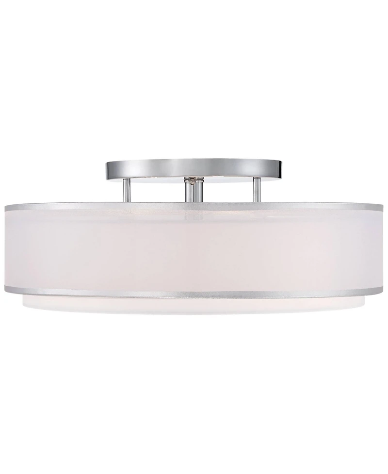 Possini Euro Design Modern Ceiling Lighting Semi Flush Mount Fixture 20" Wide Chrome 3-Light Sheer Outer Off White Inner Drum Shade for Bedroom H