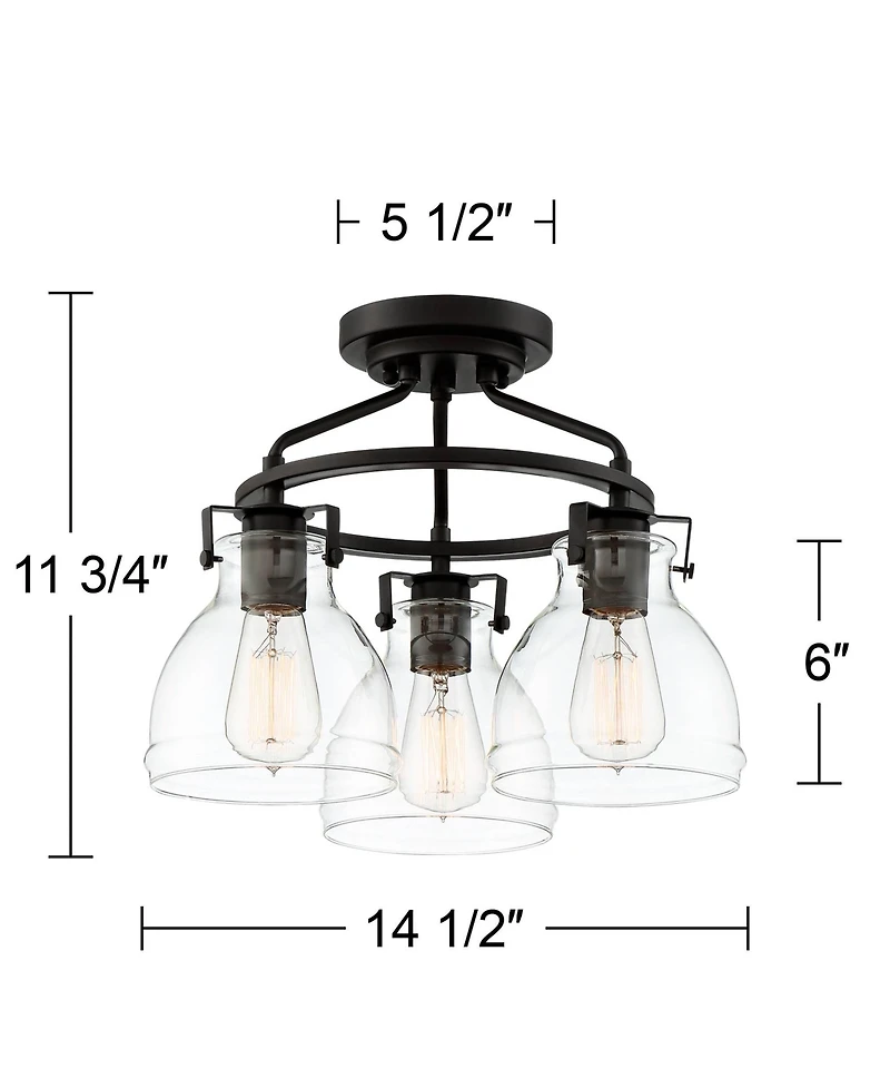 Possini Euro Design Industrial Rustic Farmhouse Ceiling Light Semi Flush Mount Fixture 14 1/2" Wide Bronze 3-Light Clear Glass Shade for Bedroom