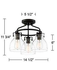 Possini Euro Design Industrial Rustic Farmhouse Ceiling Light Semi Flush Mount Fixture 14 1/2" Wide Bronze 3-Light Clear Glass Shade for Bedroom