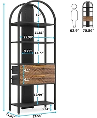 Tribesigns 4-Tier Bookshelf with 2 Drawers, Industrial Open Book Shelf Arched Bookcase, 70.8" Tall Storage Shelves Display Rack with Led Light and Met