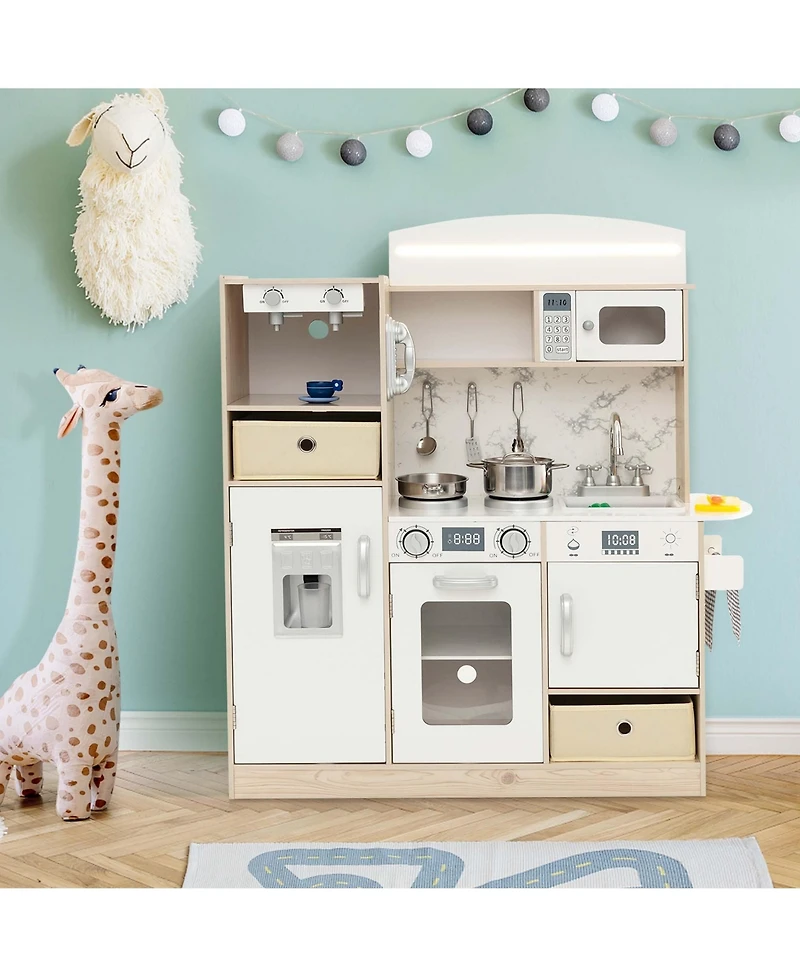 Kids Pretend Play Kitchen Wooden Toy Playset with Led Lighting & Coffee Maker