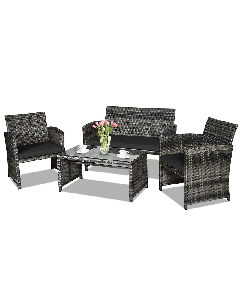 Slickblue 4 Pcs Patio Rattan Furniture Set Top Sofa With Glass Table