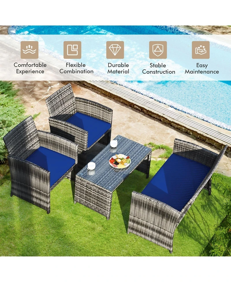 Slickblue 4 Pcs Patio Rattan Furniture Set Top Sofa With Glass Table