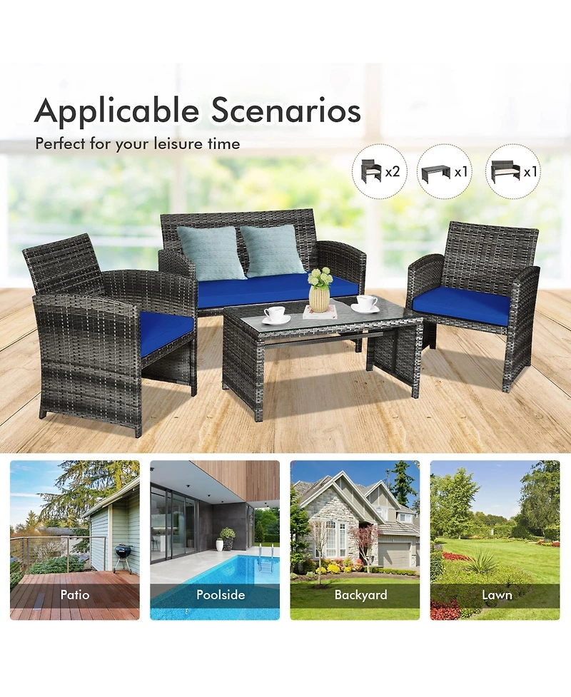 Slickblue 4 Pcs Patio Rattan Furniture Set Top Sofa With Glass Table