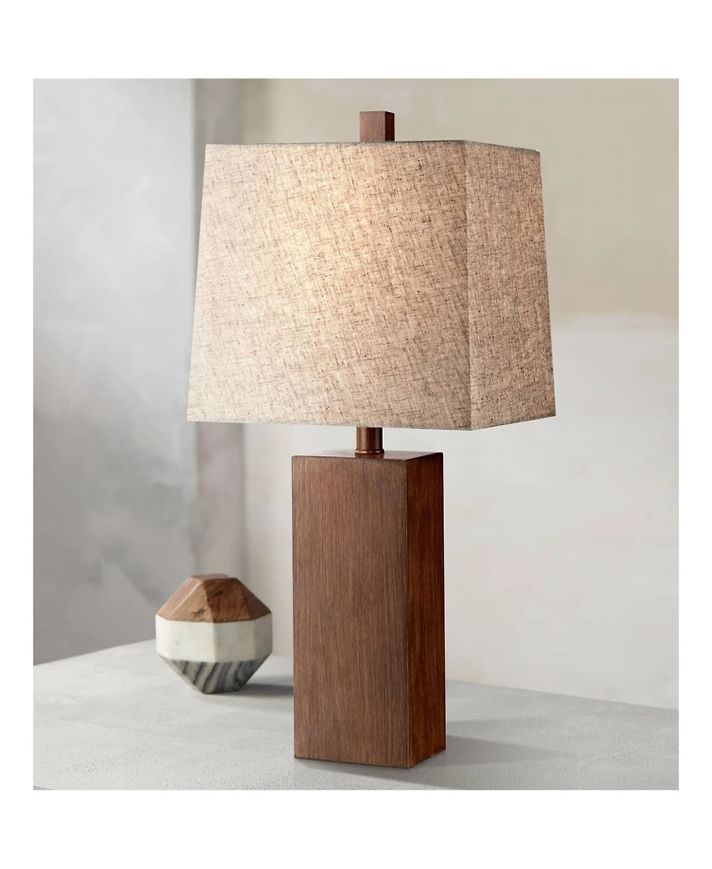 360 Lighting Modern Rustic Accent Table Lamp 23" High Faux Wood Rectangular Block Brown Tan Fabric Shade for Bedroom Living Room House Home Bedsi