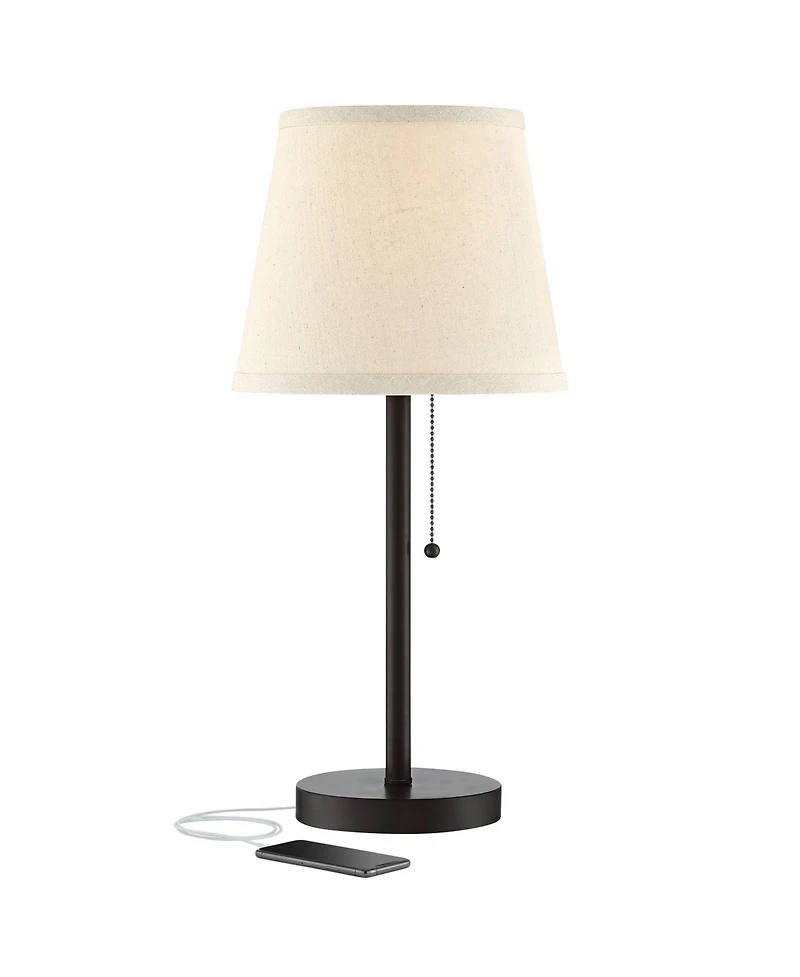 360 Lighting Modern Desk Table Lamp with Hotel Style Usb and Ac Power Outlet in Base 20" High Bronze Metal Oatmeal Drum Shade for Bedroom Office