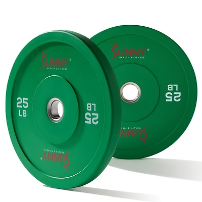 Sunny Health & Fitness Elite 2-inch Rubber Olympic Bumper Weight Plate Lb Color Coded with Steel Hub