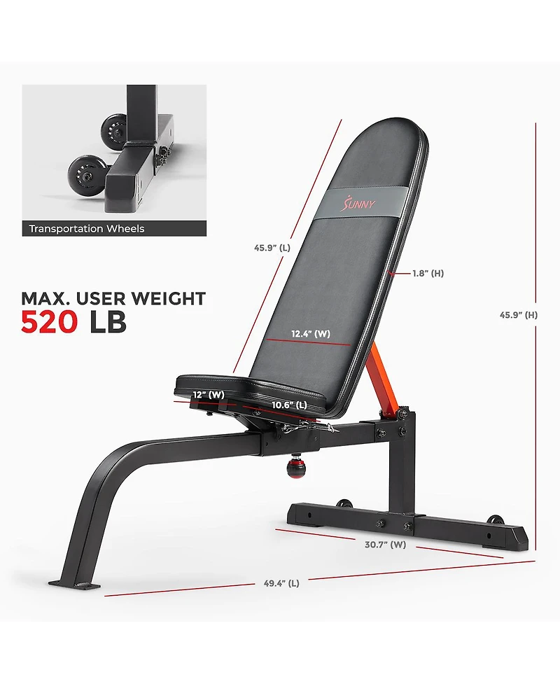 Sunny Health & Fitness Adjustable Incline Multifunction Weight Bench, Anti-bacterial Leather and Weight Capacity 520LBs