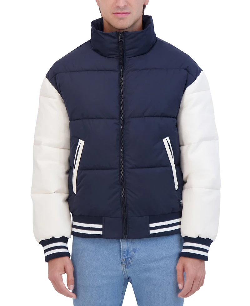 Hudson Men's Varsity Puffer Jacket with Faux Leather Sleeves