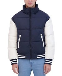 Hudson Men's Varsity Puffer Jacket with Faux Leather Sleeves