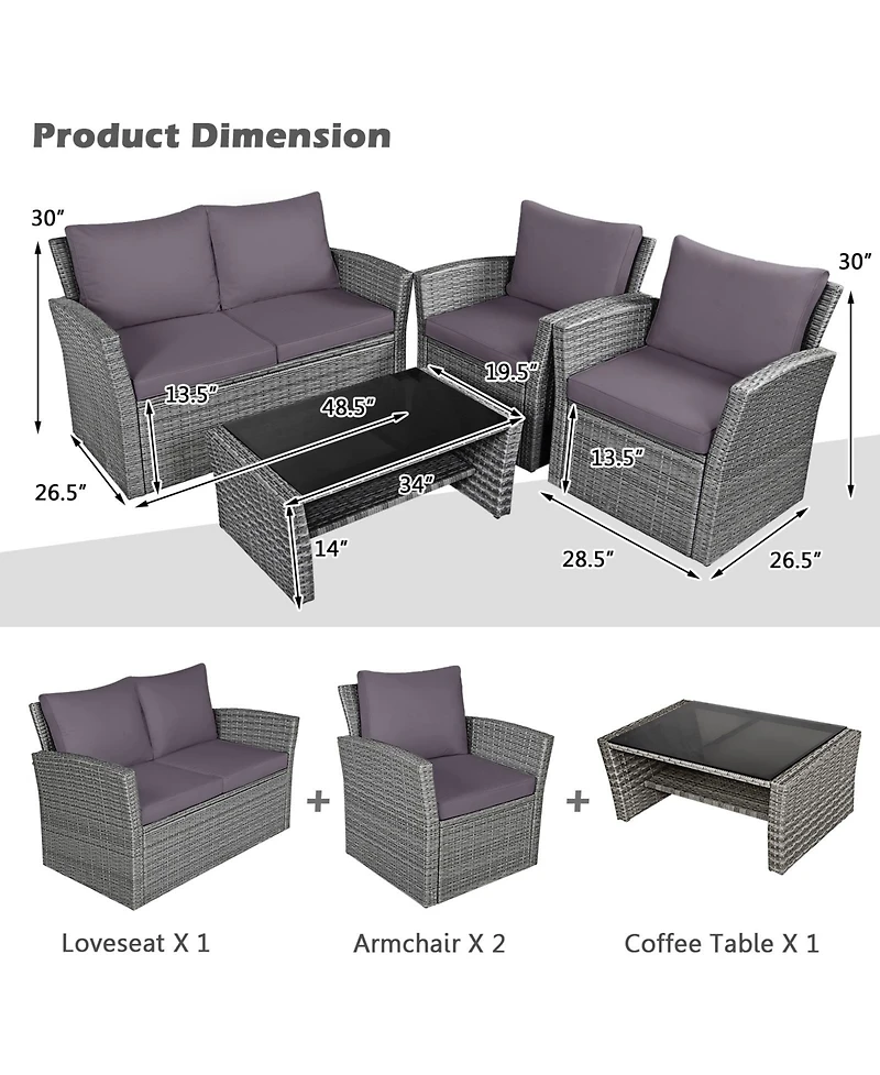 Slickblue 4 Pieces Patio Rattan Furniture Set Sofa Table with Storage Shelf Cushion