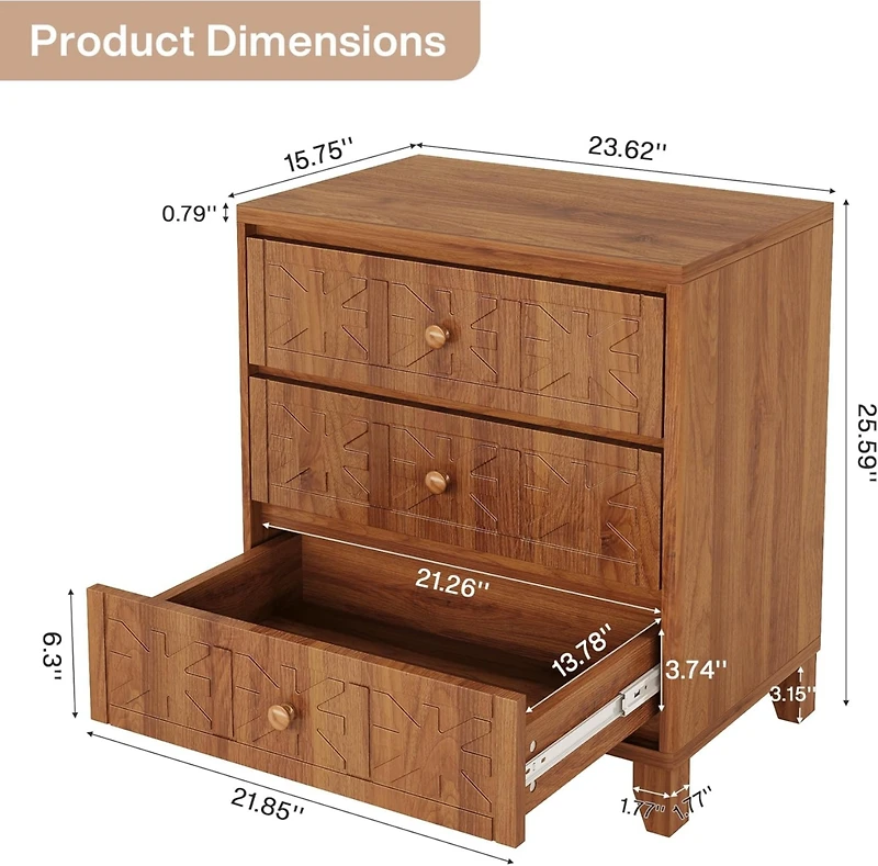 Tribesigns 3-Drawer Nightstand Set of 2, Luxury Bedside Table End Table with Storage Drawers and Golden Legs, Modern Nightstand for Bedroom