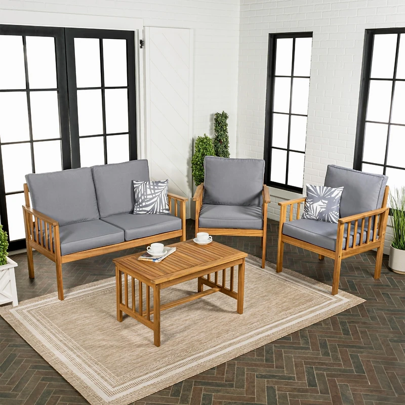 Jonathan Y Everly 4-Piece Modern Cottage Acacia Wood Outdoor Patio Set with Cushions and Tropical Decorative Pillows, Gray/Teak Brown