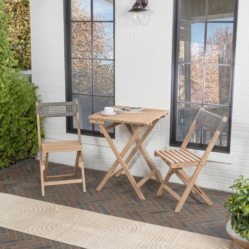 Jonathan Y Sitges Modern Mid-Century 3-Piece Roped Acacia Wood Outdoor Folding Bistro Set, Gray/Light Teak