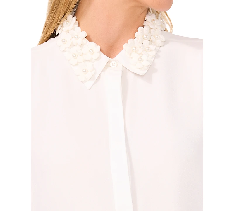 CeCe Women's Floral-Applique Collared Long-Sleeve Blouse