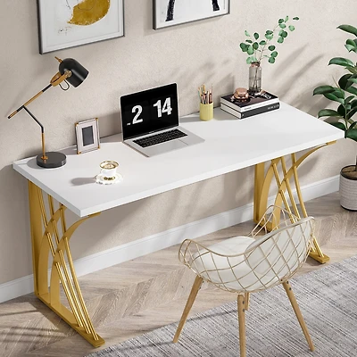 Tribesigns 55 Large Modern Computer Desk, White & Gold Luxury Laptop Pc Student Table, Makeup Vanity Table with Thick Frame & Strong Legs, Sturdy Writ