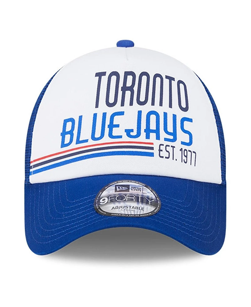 New Era Men's White/Royal Toronto Blue Jays Stacked A-Frame Trucker 9FORTY Adjustable Hat